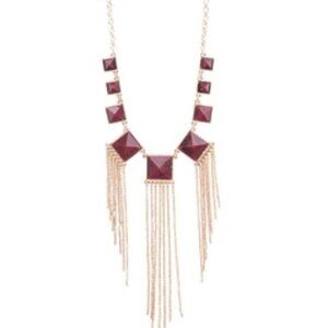 Punch NYC Necklace Bib Adjustable Red Stones Gold Fringe Statement 22-25”